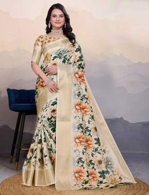 Dharam Creation Floral Print Bollywood Cotton Linen Saree(Cream)