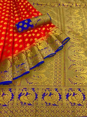 Mionas Woven Banarasi Cotton Silk Saree(Red, Blue)