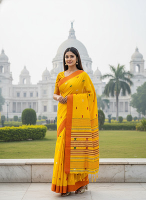 Fabloom Woven, Striped, Geometric Print Handloom Khadi, Cotton Blend Saree(Yellow)