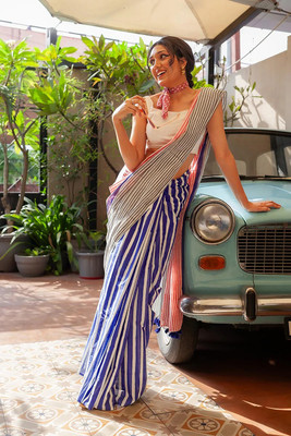 Anjaneya Sarees Printed Bollywood Linen Saree(Blue)