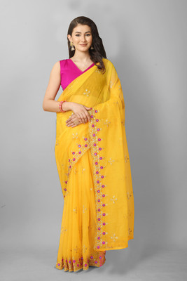 Vinayak Textile Embroidered Bollywood Net Saree(Yellow, Pink)