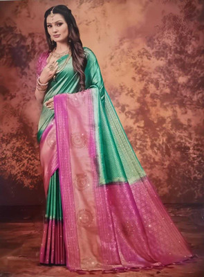 isaranAB Woven Banarasi Art Silk Saree(Pink, Green)