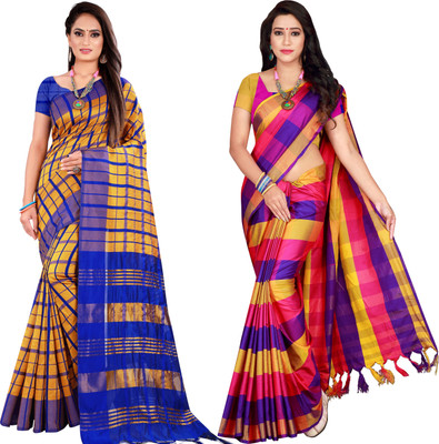 Shaibo saree Checkered Bollywood Cotton Silk Saree(Pack of 2, Multicolor)