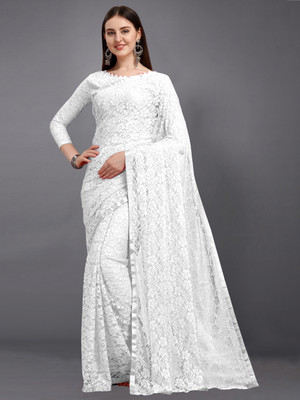 LOROFY Self Design Bollywood Net Saree(White)