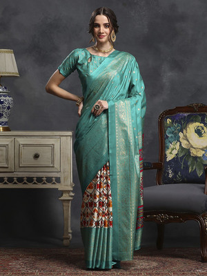 Anouk Rustic Printed Ikkat Silk Blend Saree(Blue)