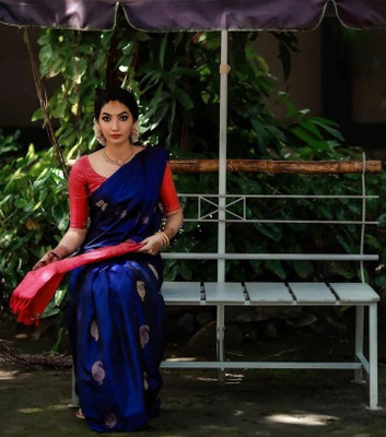 ORGANZA Printed, Solid/Plain, Embellished, Temple Border, Embroidered, Woven Kanjivaram Organza, Jacquard Saree(Blue)