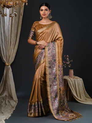 ANOUK Printed Hand Batik Silk Blend Saree(Brown)