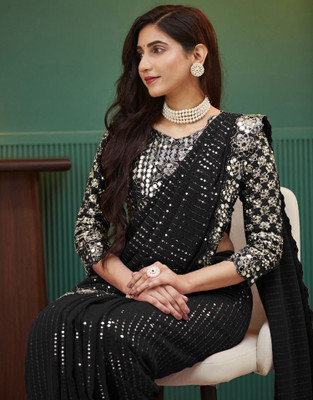 Satrani Embellished, Embroidered Bollywood Georgette Saree(Black)