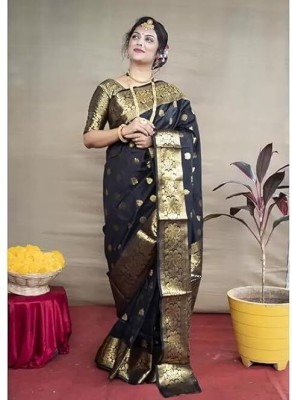 Heer Enterprise Woven, Self Design Kanjivaram Pure Silk, Cotton Silk Saree(Black)