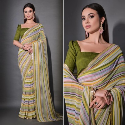 GAVUBAA Printed, Striped, Digital Print Bollywood Georgette Saree(Multicolor)