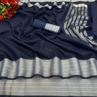 PIYA DESIGNER Woven Kasavu Linen Saree(Dark Blue)