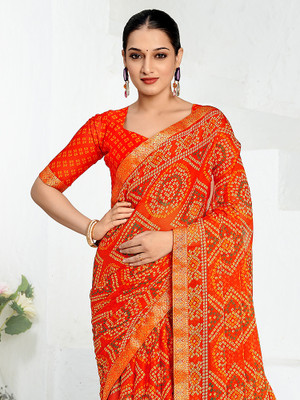 Anouk Rustic Printed Bandhani Chiffon Saree(Orange)