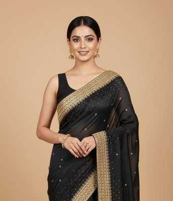 Anugrah Textile Printed Banarasi Lycra Blend, Chiffon Saree(Black)