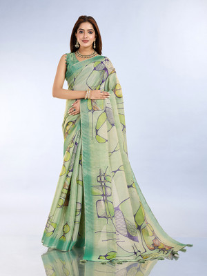 TRINETRA STUDIO Printed Bollywood Silk Blend Saree(Light Green)