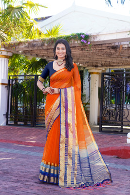 Aarunika SST Striped Bollywood Organza Saree(Orange)