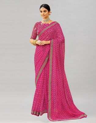 Samah Printed, Embroidered, Embellished Bollywood Georgette, Chiffon Saree(White, Pink)
