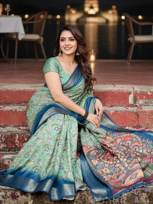 ZAMUNA Digital Print, Floral Print, Woven, Animal Print Banarasi Tussar Silk, Linen Saree(Blue, Green)