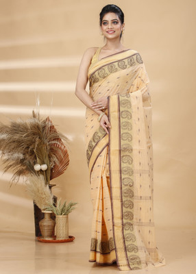 Ruuprekha Solid/Plain Handloom Cotton Blend Saree(Cream)