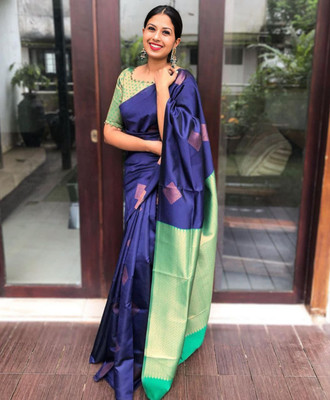 KRIYANSH Printed, Self Design, Striped, Woven, Temple Border, Embellished, Applique Kanjivaram Art Silk, Jacquard Saree(Dark Blue)
