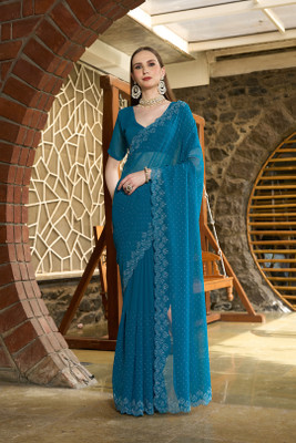 FABMORA Solid/Plain Bollywood Georgette Saree(Dark Blue)