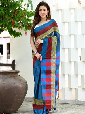 Shree Hari Self Design Handloom Cotton Blend Saree(Dark Blue)