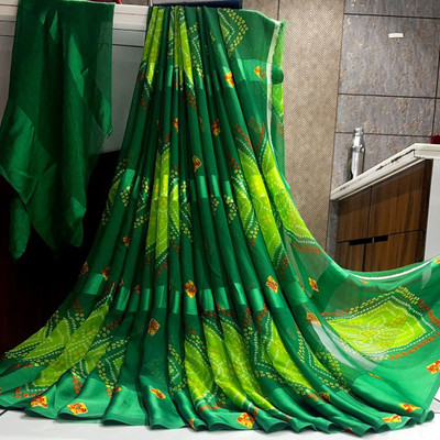 Bombey Velvat Fab Printed, Solid/Plain Bandhani Mulmul, Chiffon Saree(Green)