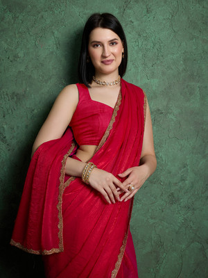 Dhimahi Solid/Plain Bollywood Chiffon Saree(Red)