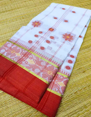 PUJA SHAREE CENTRE Floral Print, Striped, Woven Tant Pure Cotton Saree(White)