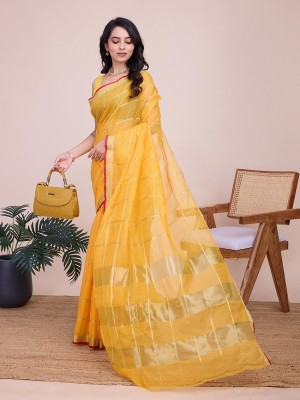 LEOSAGI Woven, Embellished, Striped Kota Doria Cotton Silk Saree(Yellow)