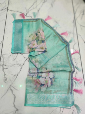 J6 Designers Floral Print Bollywood Linen Saree(Light Blue)