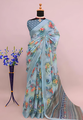 VCREATION Digital Print Bollywood Cotton Linen Saree(Light Blue)