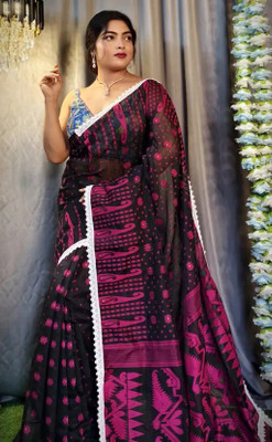 OSARIO Woven Jamdani Cotton Silk Saree(Black)