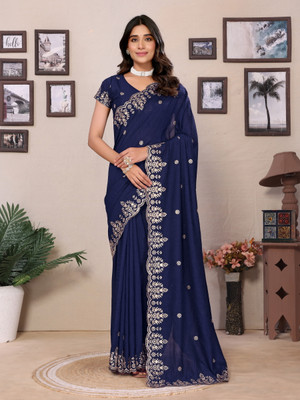 AVANTIKA FASHION Embellished, Embroidered Bollywood Pure Silk, Art Silk Saree(Dark Blue)