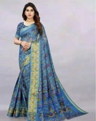 Grubstaker Printed Daily Wear Cotton Blend Saree(Blue)