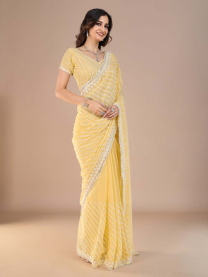 Tasrika Embroidered Bollywood Silk Blend Saree(Yellow)