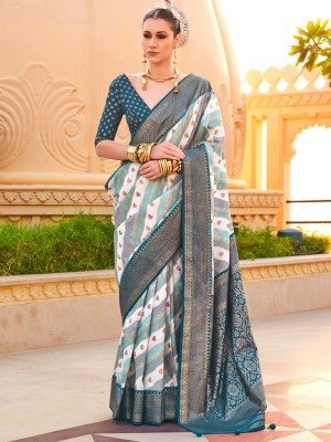 ANOUK Printed Banarasi Silk Blend Saree(White)