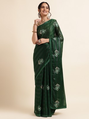 FABMORA Embellished, Embroidered Bollywood Chiffon Saree(Dark Green)