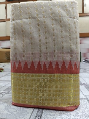 Afronza Woven, Temple Border, Applique Sambalpuri Cotton Blend, Pure Silk Saree(White, Red)