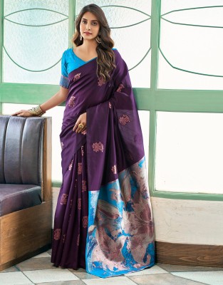 Satrani Woven, Embellished, Self Design Banarasi Silk Blend, Jacquard Saree(Purple, Multicolor)