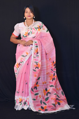 Ahana Textile Printed Handloom Cotton Blend Saree(Orange)