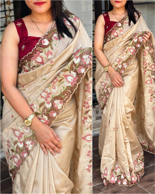 Tasrika Embroidered Bollywood Silk Blend Saree(Beige)