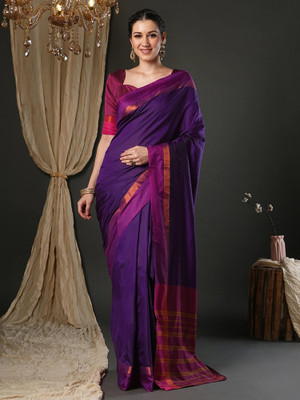 Sareemall Color Block Daily Wear Cotton Silk Saree(Purple)