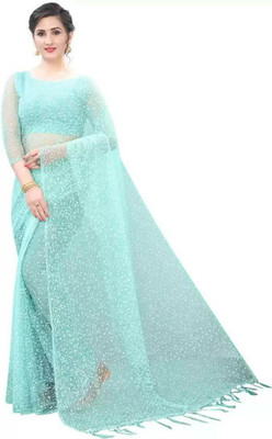 FINIVOIR Floral Print Bollywood Net Saree(Light Blue)