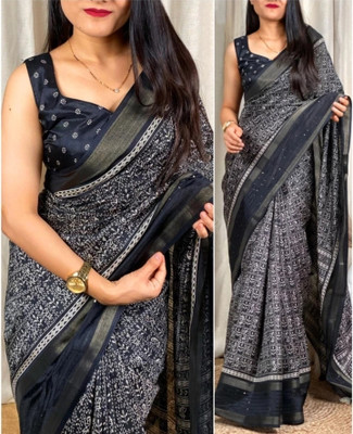 Shivaarya Printed Daily Wear Cotton Silk, Dupion Silk Saree(Black)