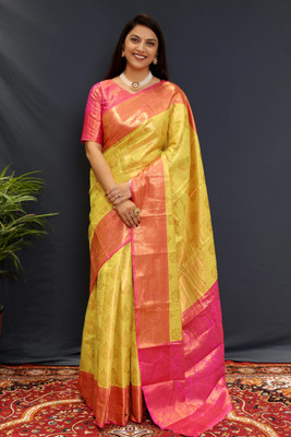 ALPENIKA Embellished Kanjivaram Jacquard, Silk Blend Saree(Yellow)
