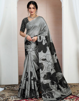 Samah Floral Print, Printed Daily Wear Cotton Blend Saree(Grey)
