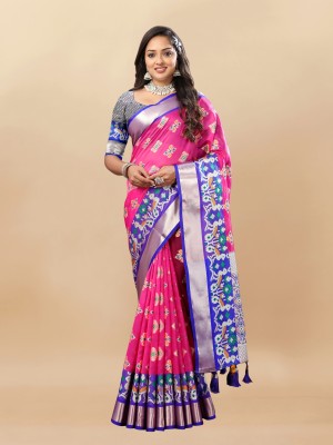 VISVASTA Self Design, Woven, Printed, Temple Border, Striped Paithani Jacquard, Organza Saree(Pink)