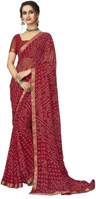 rawatifashions Striped Bandhani Georgette Saree(Maroon)