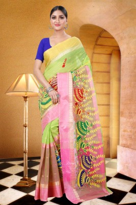 DipDiya Self Design, Embroidered Tant Pure Cotton Saree(Light Green)