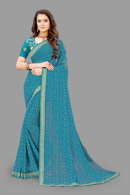 immolate Self Design, Printed Bandhani Chiffon Saree(Light Blue)